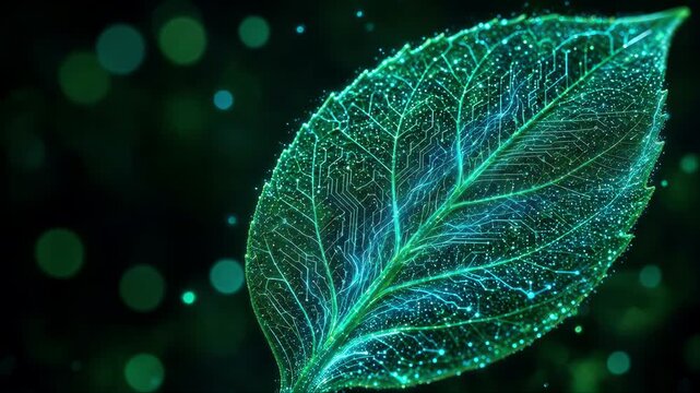 digital green leaf on black background for eco friendly technology theme