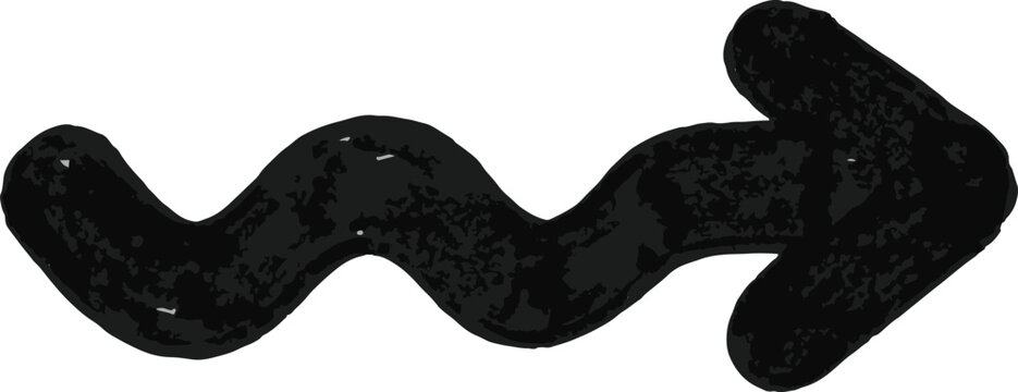 A hand drawn black wavy arrow pointing to the right isolated on a plain white background for design elements