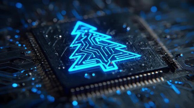 Illuminated cyan neon Christmas tree circuit symbol mounted on microchip processor over dark PCB motherboard for tech holiday concept (AI Generated)