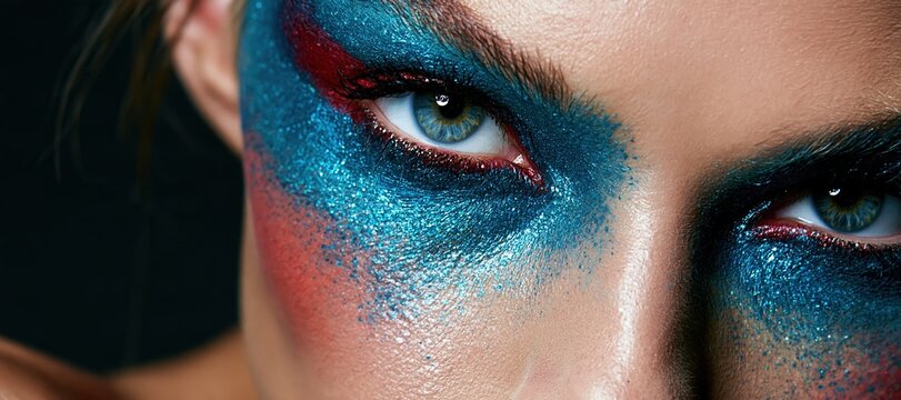Fictional adult with bold blue and red theatrical makeup on right, charcoal to cobalt gradient left