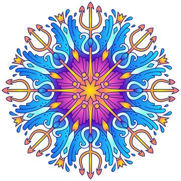 nautical trident mandala illustration in vibrant blue purple and orange gradients