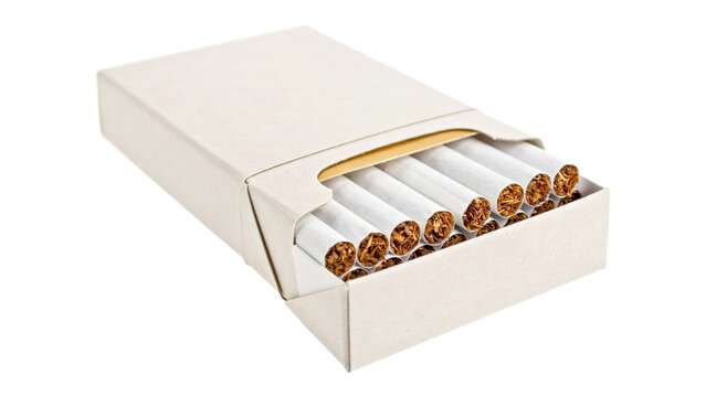 A full pack of white cigarettes in a beige box, close-up studio shot on a white background, no branding visible