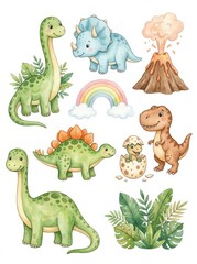 Fototapeta premium Cute Watercolor Dinosaur Collection with T-Rex, Triceratops, Stegosaurus, Volcano, and Rainbow for Kids Nursery Decor