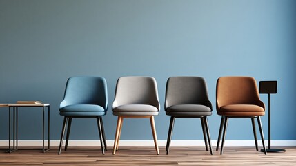 Obraz premium Modern interview waiting area with four neutral chairs and blank tablet stands