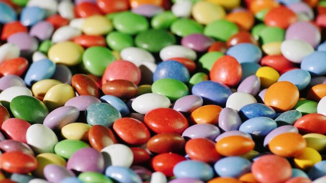 Colorful candy coated chocolates in motion, a vibrant and delicious close up shot.