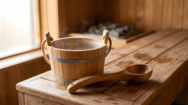 Traditional wooden sauna bucket filled with water and ladle on wooden bench in steam room interior close up