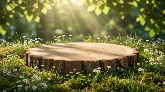 Wooden podium display stage surrounded by lush green grass, tiny white flowers, and glowing morning sunlight streaming through trees