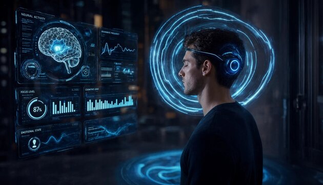 Man Wearing Brain Computer Interface Headset Analyzing Cognitive Load Data