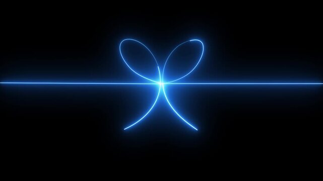 Glowing blue neon line drawing forming a ribbon bow knot on a solid black background Ideal for tech gift unboxing videos, futuristic holiday greetings, promo title sequences