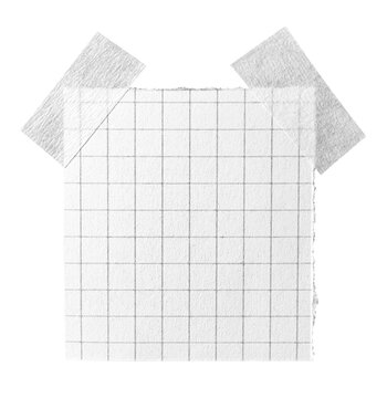 Isolated torn ripped checkered graph recycled rough paper memo note with squares or grid pattern and adhesive sticky tape, rough fiber texture transparent png background design element