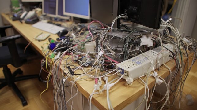 Close up of overcrowded power board in office with multiple plugs and cables, representing electrical safety, workplace energy use, power management, equipment connection, and overloaded outlet risks.