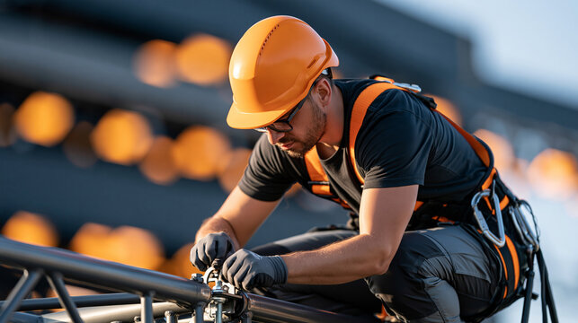 Rigger technician wearing helmet and harness working on an outdoor stage structure, carefully securing metal connections, event safety, structural rigging, concert infrastructure,