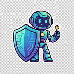 Obraz premium Cute cartoon robot holding a glowing security key and digital shield for tech safety concept