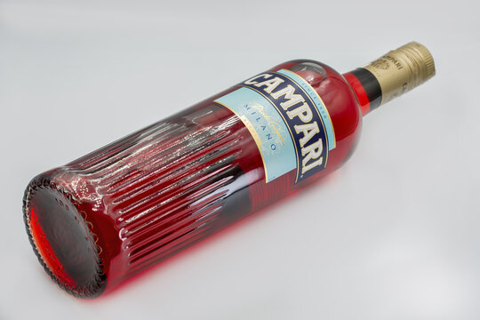 Campari bitter Italian aperitif bottle closeup on white.