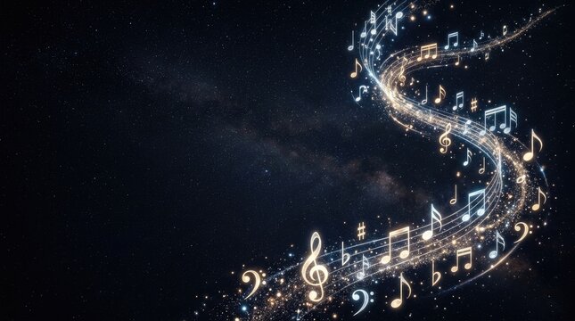 A swirling, luminous trail of musical notes dances across a dark, starry galaxy background. The notes resemble a musical score, with treble clefs and individual notes, emitting a soft, ethereal glow.