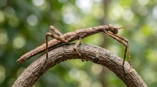 Stick Insect Camouflaged on Curved Tree Branch, Macro Nature Photography