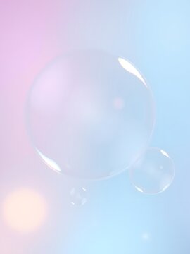 Transparent soap bubbles floating on pastel pink and blue gradient background for soft decorative design purposes