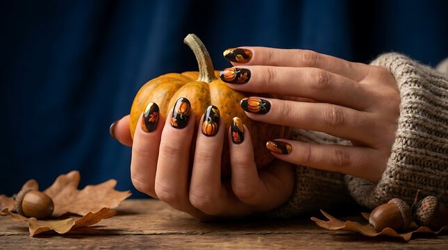 Autumn nail art manicure with pumpkin, female hands holding small pumpkin, cozy fall nails design, seasonal autumn beauty concept