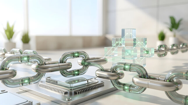 Futuristic Blockchain Technology Concept, Digital Data Security and Connectivity with Glowing Metallic Chain Links Connected to a Microchip and Floating Blocks in a Modern Bright Office Space