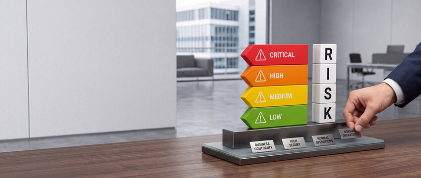 Business Risk Management Concept Featuring a Hand Selecting Operational Levels with Vertical RISK Blocks and Colorful Priority Arrows Indicating Critical High Medium and Low Levels