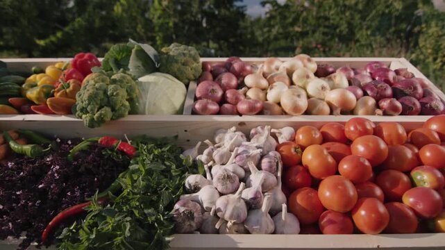 Camera slides past wooden crates filled with fresh autumn harvest vegetables including tomatoes garlic onions and greens in golden light.