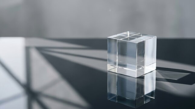 A clear crystal cube rests on a dark reflective surface. The cube&rsquo;s reflection creates a mirrored image below it, and a shadow cast by a nearby object adds depth to the scene.