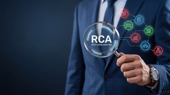 Businessman in a Professional Blue Suit Holding a Magnifying Glass to Investigate and Analyze RCA Root Cause Analysis Concept for Business Problem Solving and Process Improvement