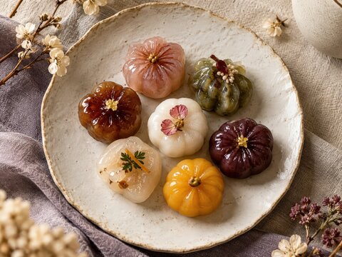 Postre tradicional coreano Gaeseong Juak con glaseado de miel y decoraci&oacute;n elegante