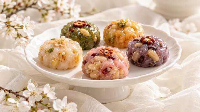 Postre tradicional coreano Gaeseong Juak con glaseado de miel y decoraci&oacute;n elegante