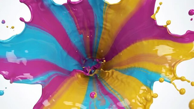 A cracked white egg shell releases a vivid paint burst that expands into a radial splash. Abstract animation of color, creativity and artistic energy.