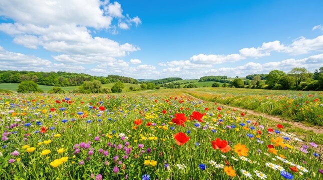 A vibrant wildflower meadow stretches across a rolling landscape under a bright blue sky dotted with fluffy white clouds.