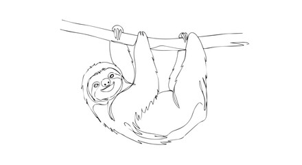 Minimalist continuous line art illustration of a cute sloth hanging from a branch on a textured vintage background © md