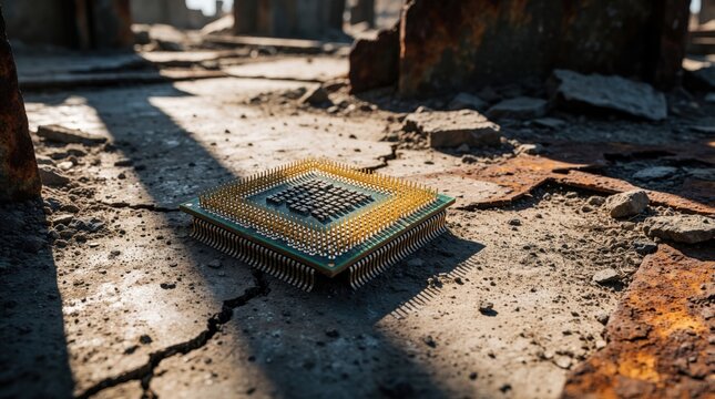 Close up of computer processor CPU chip lying on cracked dusty ground in abandoned ruins. Broken electronic hardware part sits among debris, rubble under bright daylight. Concept of tech