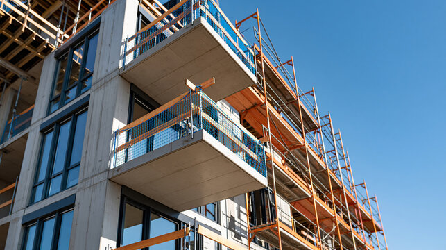 Modern concrete building under construction with protective safety nets, extensive scaffolding and exposed structural elements, urban development, architectural progress,