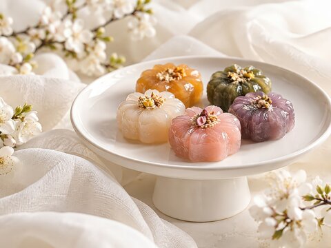 Postre tradicional coreano Gaeseong Juak con glaseado de miel y decoraci&oacute;n elegante