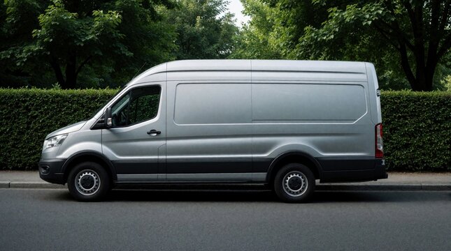 Silver delivery van parked on urban street beside green hedge. Side profile of modern cargo vehicle for logistics service. Blank commercial transport minivan with copy space for branding. Electric