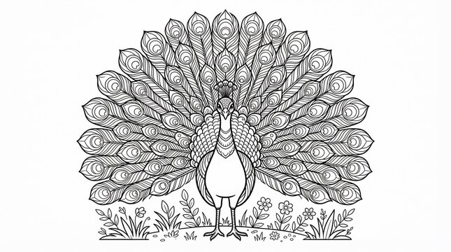 Intricate peacock bird coloring page illustration with beautiful spread tail feathers and floral garden scenery for relaxation and creativity