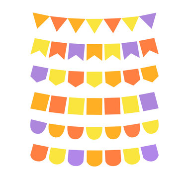 Halloween bunting pennant. Holiday color flag. Fall festive simple paper and garlands for children's party. Vector set