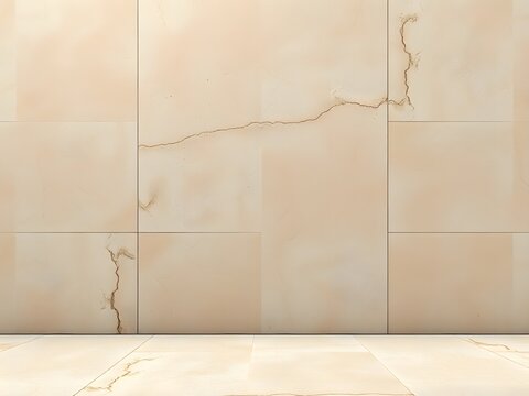 Minimalist beige stone wall with natural cracks and geometric tile floor for architectural visualization background