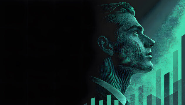 Engraved profile portrait of a confident businessman beside rising financial bars. Corporate investment and stock market analytics. Professional man looking forward toward profit charts