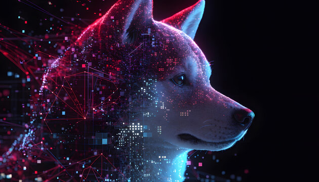Cybernetic glowing Shiba Inu dog head portrait with digital pixels. Futuristic cyber pet and network connectivity. Holographic canine animal looking aside amid glowing neon particle code
