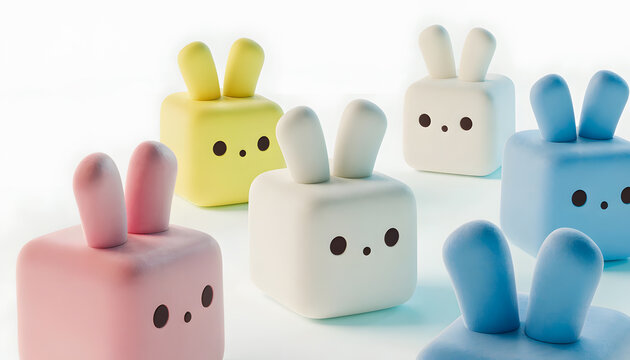 Group of colorful pastel cube bunny characters. Minimalist cute easter toy design and cheerful decoration. Block shaped plastic rabbit figurines sitting together on clean white studio floor