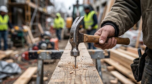 Skilled craftsman using hammer to shape wooden beams in workshop