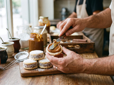 Baker spreading rich dulce de leche filling on traditional alfajores cookies