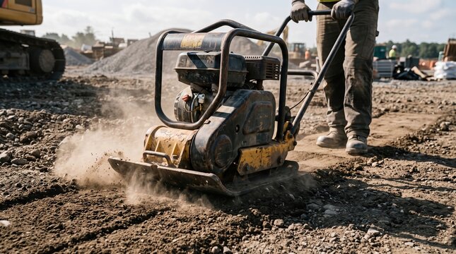 Construction worker operating powerful plate compactor on gravel site