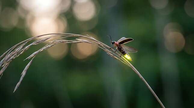 Firefly Glowing on Grass Stem at Dusk, Bioluminescent Macro Photography