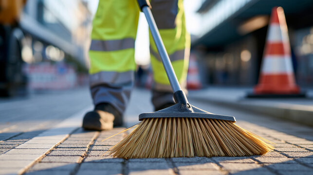 Municipal cleaning worker in protective uniform sweeping an urban street near a construction zone, public maintenance, sanitation services, city infrastructure, selective focus,