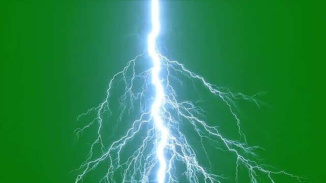 Bright Electric Lightning Bolt Strike Effect Isolated on Green Screen