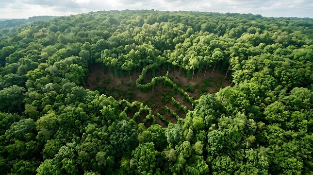Aerial view of green forest with heart shaped clearing