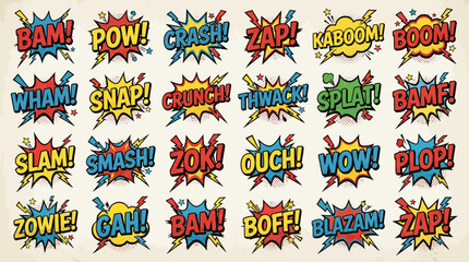 A vibrant collection of comic book sound effects and onomatopoeia words in pop art style, featuring various action exclamations like BAM, POW, and CRASH. © nawang